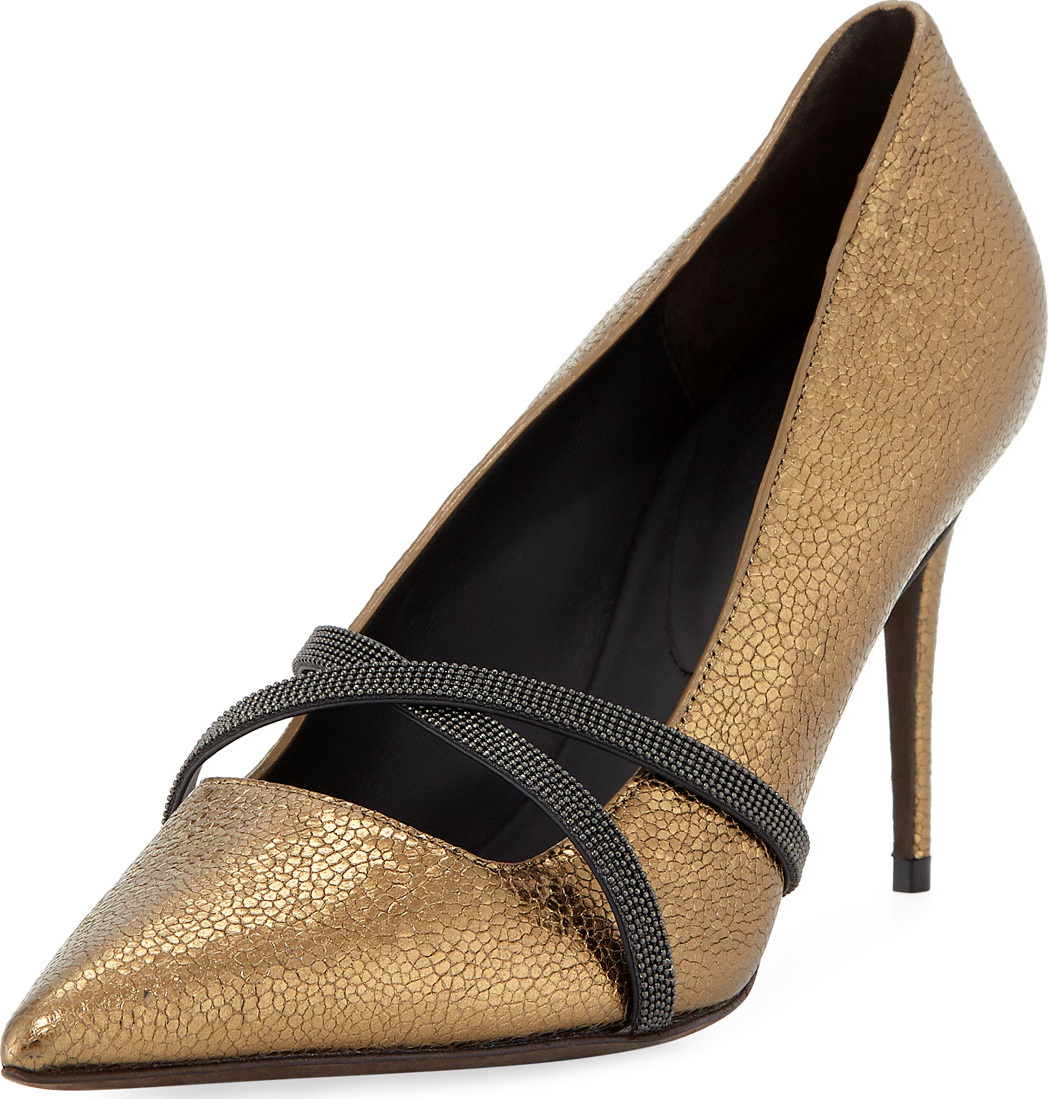 Brunello Cucinelli 85mm Metallic Leather Cross-Strap Pump