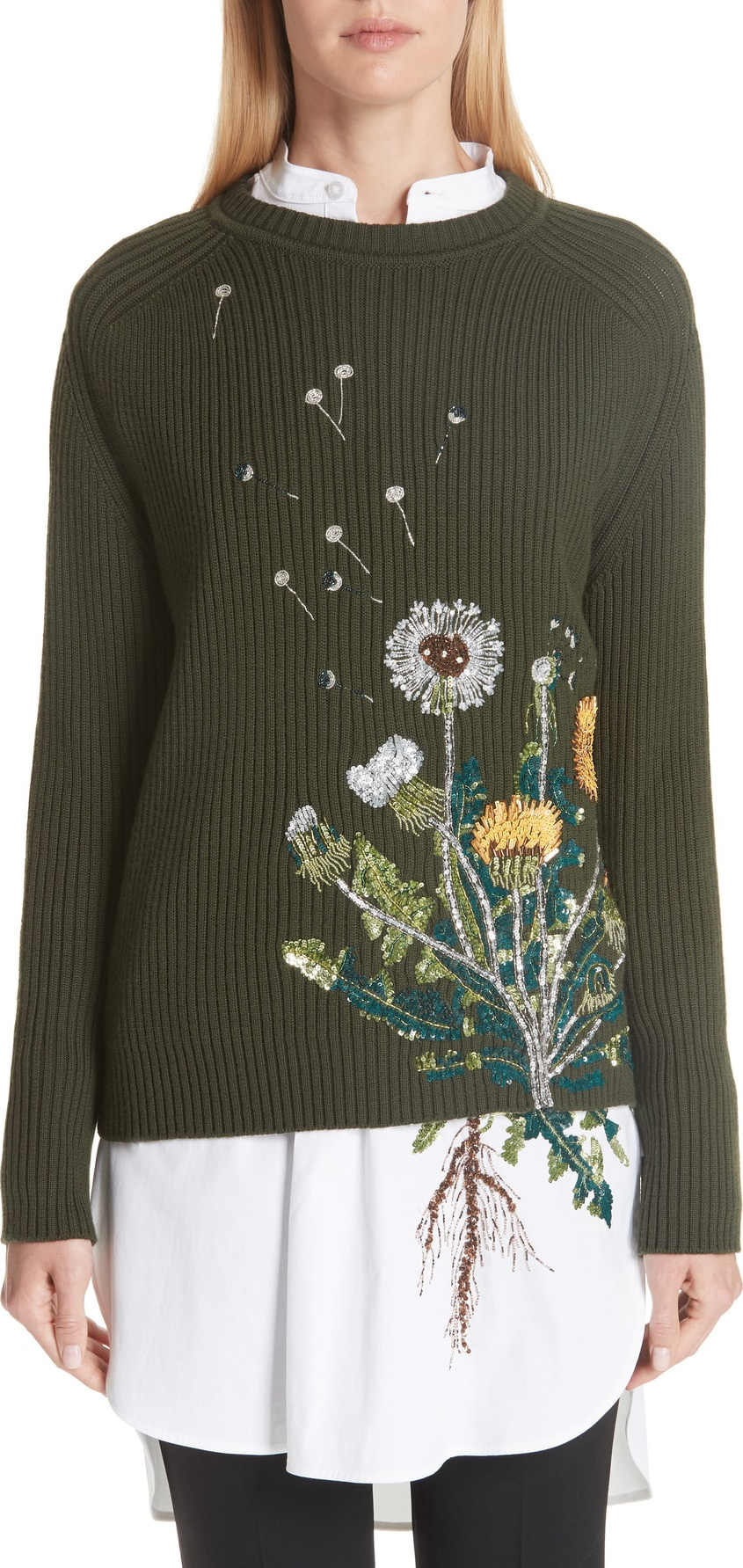 Oscar De La Renta Embellished Dandelion Wool Blend Sweater