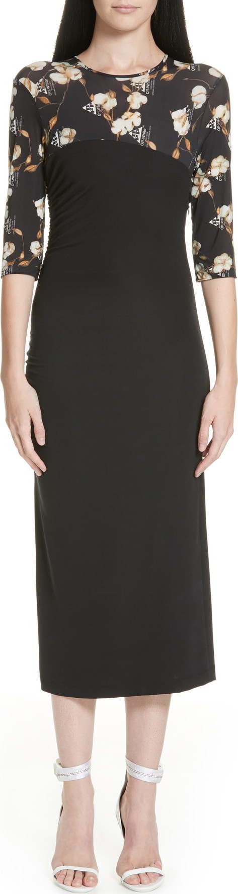 Off White Floral Bodice Fitted Dress