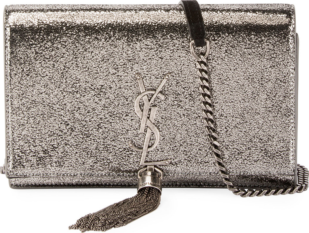 Saint Laurent Kate Monogram YSL Small Crackled Metallic Wallet on Chain - Silver Hardware
