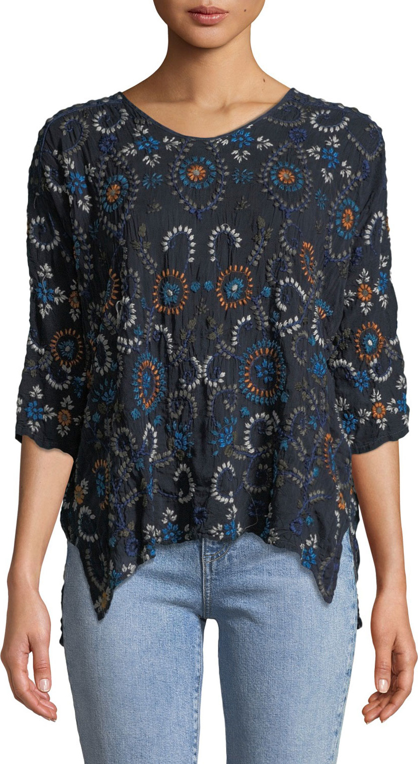 Johnny Was Harper Embroidered 3/4-Sleeve Top