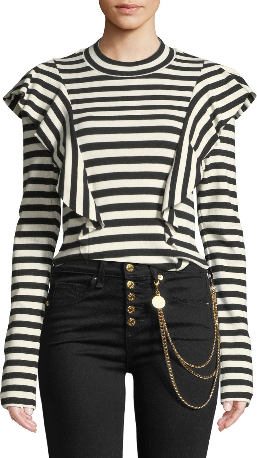 Veronica Beard Dawson Striped Ruffle Long-Sleeve Tee
