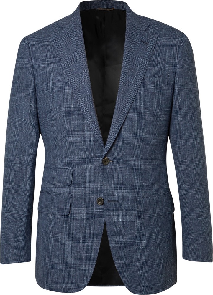 Thom Sweeney Blue Slim-Fit Checked Wool, Silk and Linen-Blend Suit Jacket