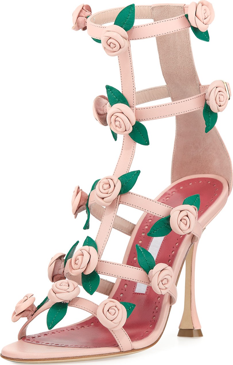 Manolo Blahnik Doit Rosette Caged Sandals, Rose