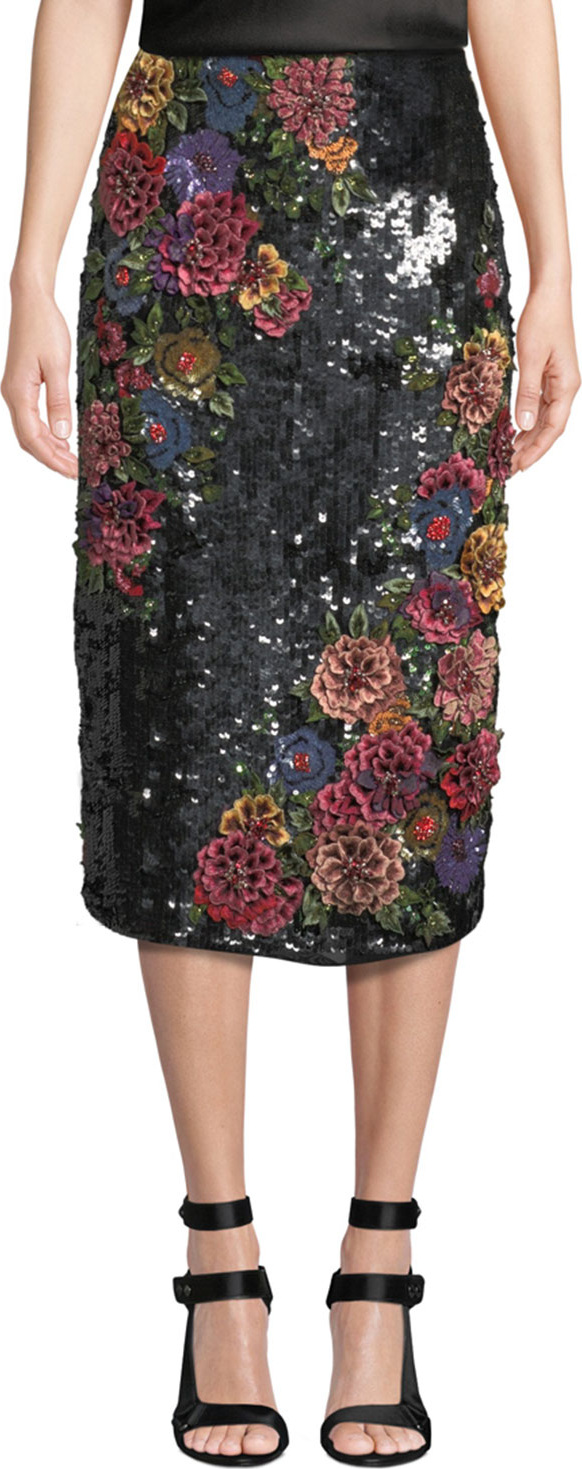 Alice + Olivia Ella Embellished Clean-Waist Straight Midi Skirt