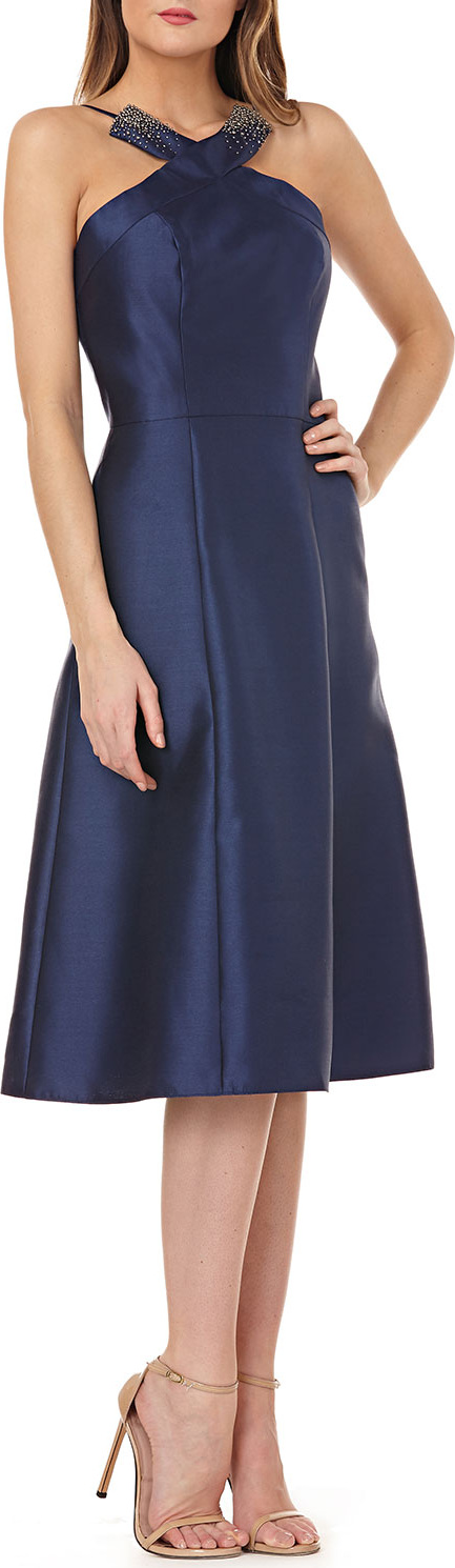 Kay Unger Fit-and-Flare Halter Dress w/ Beading