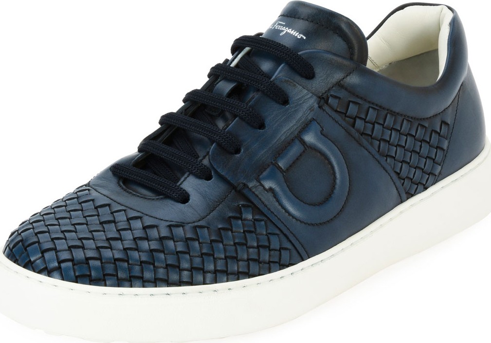 Salvatore Ferragamo Men's Woven Leather Low-Top Sneakers, Sunset Blue (Indigo)