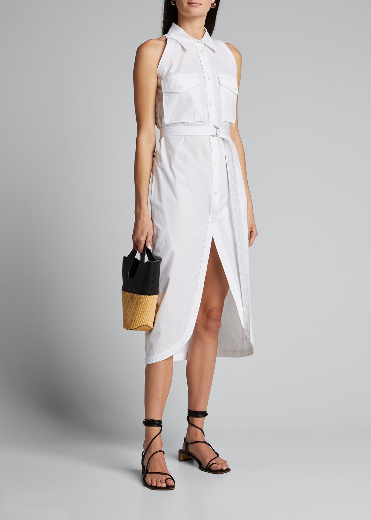 Helmut Lang Sleeveless Cotton Shirtdress w/ Cutaway Hem