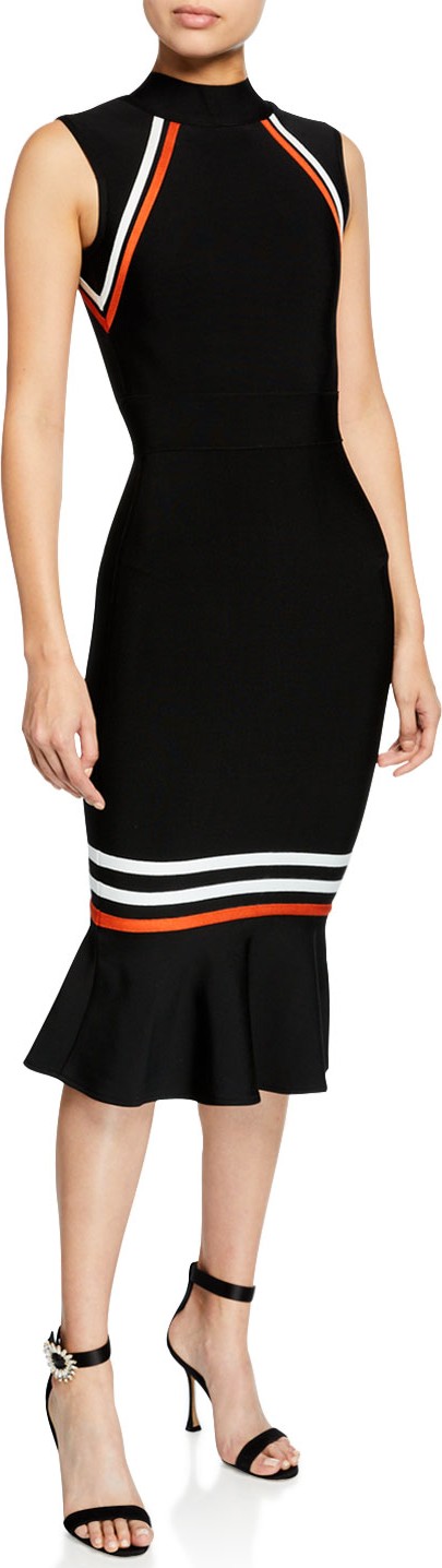 Elliatt Serene Mock-Neck Sleeveless Flared-Hem Body-Con Dress w/ Stripes