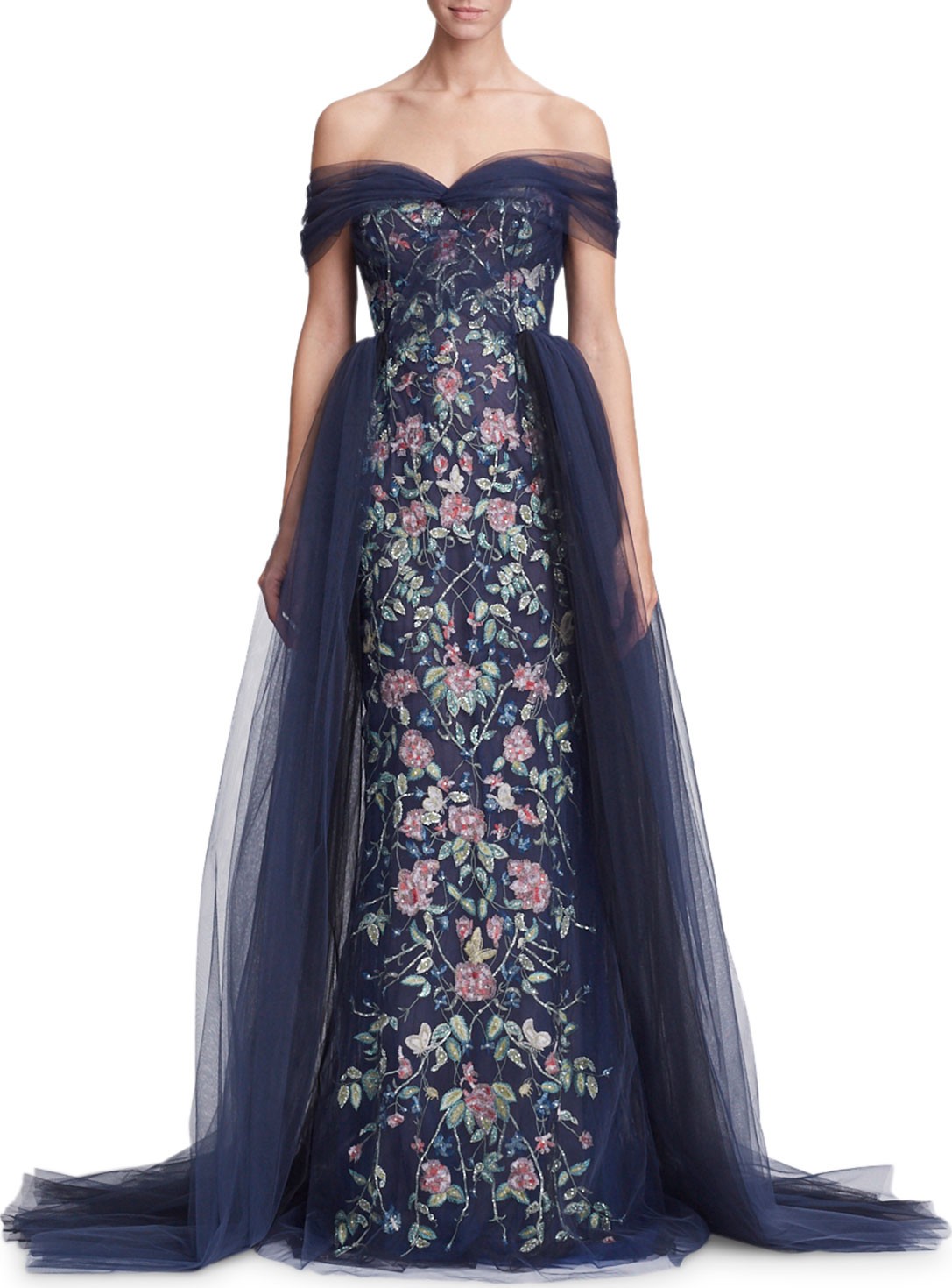 Marchesa Off-the-Shoulder Floral Tulle Evening Gown w/ Removable Overskirt