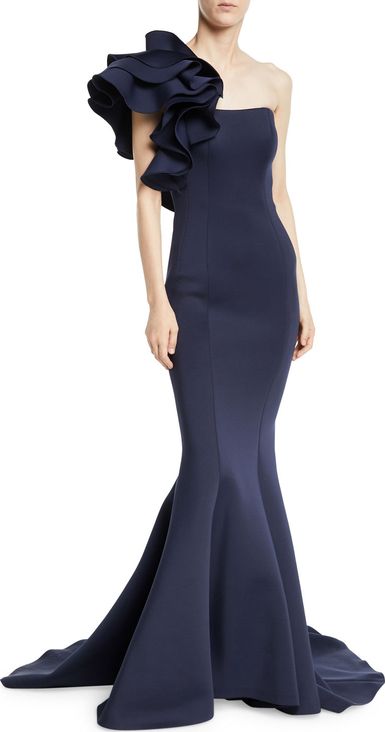 Jovani Marshmallow Ruffle-Shoulder Trumpet Gown