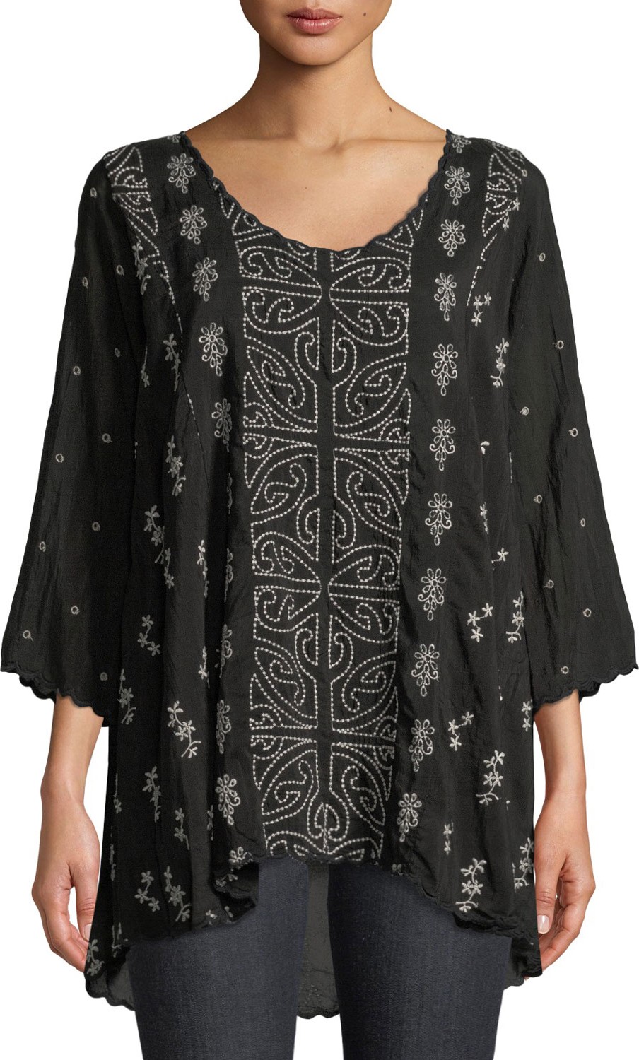 Johnny Was Ridden Embroidered 3/4-Sleeve Blouse