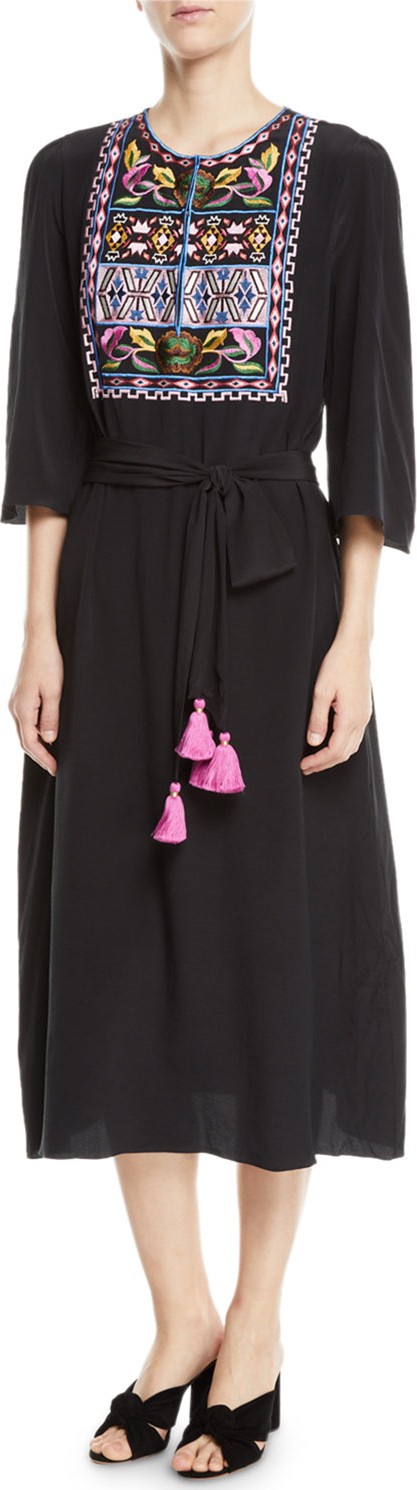 FIGUE Dahlia 3/4-Sleeve Embroidered Bib Midi Dress