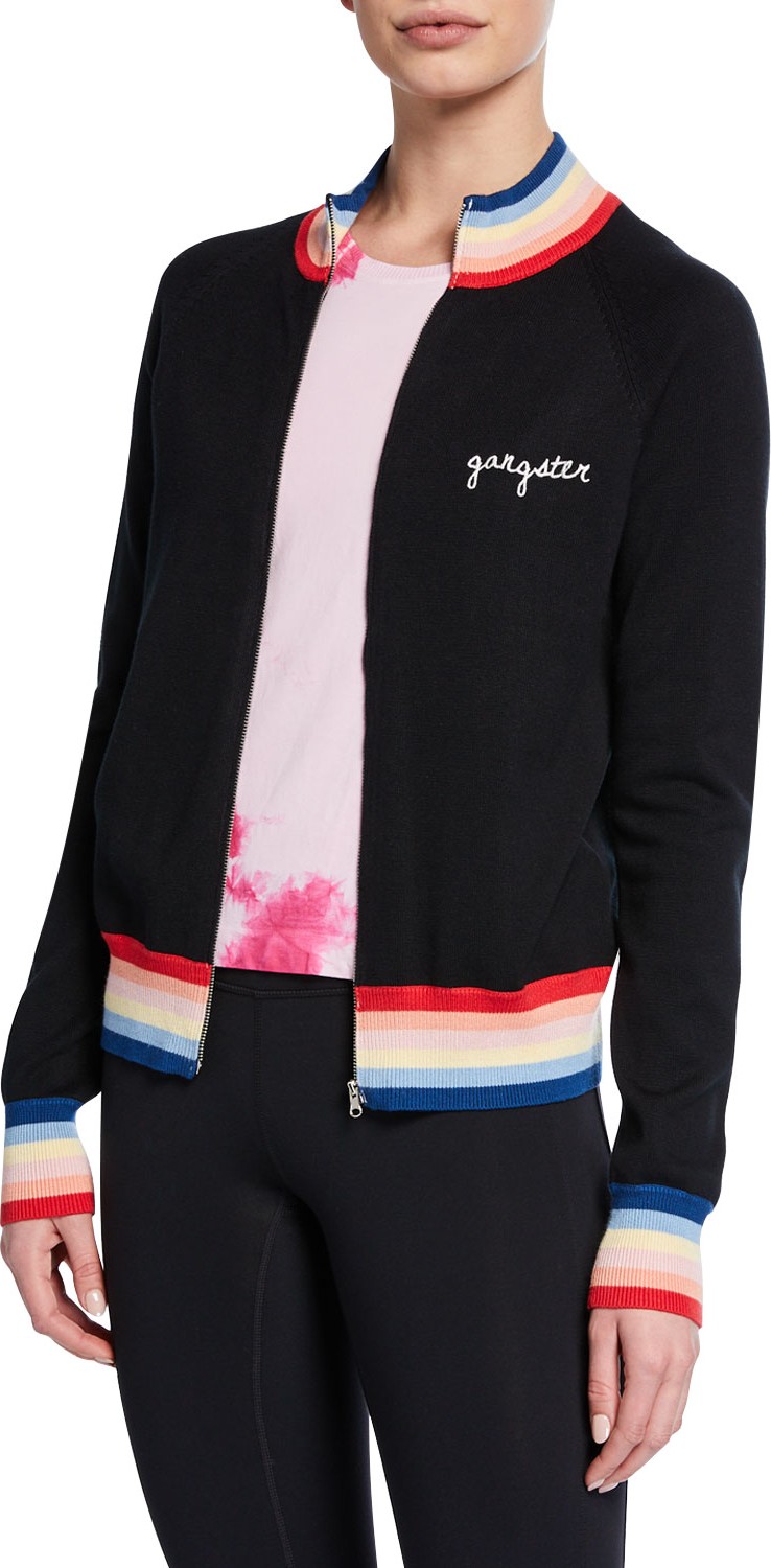 Spiritual Gangster Striped Zip-Front Bomber with Embroidery