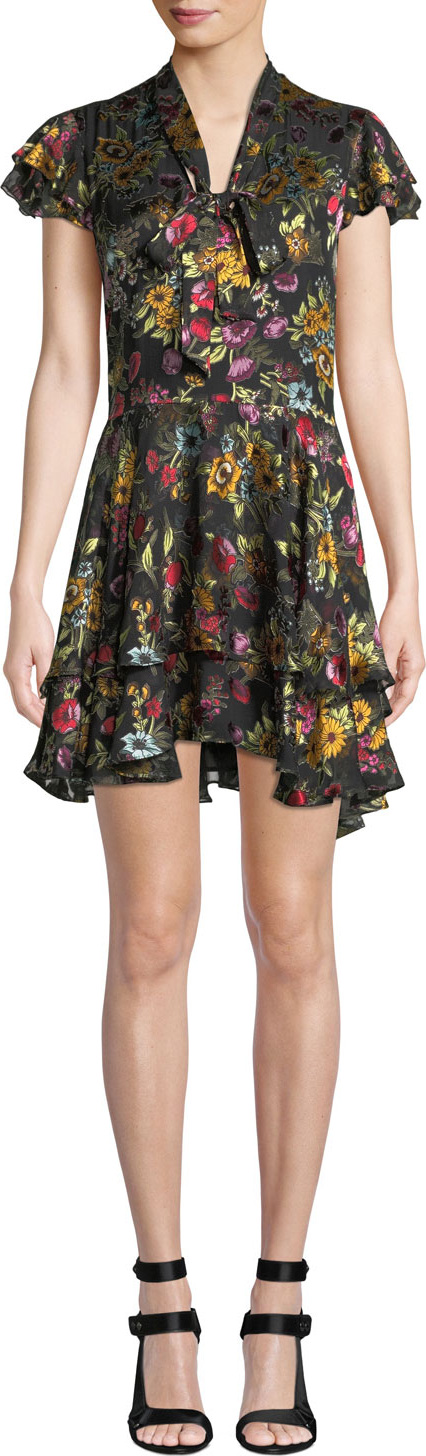 Alice + Olivia Moore Tie V-Neck Cap-Sleeve Layered Floral-Print Velvet Mini Dress