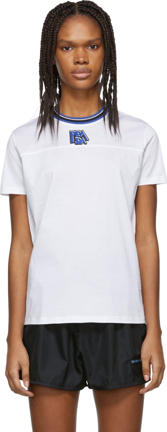 Prada White & Blue Ribbed Collar T-Shirt