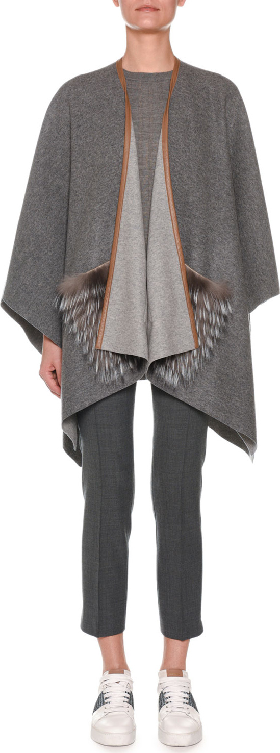 Agnona Open-Front Cashmere Shawl with Fur Pockets