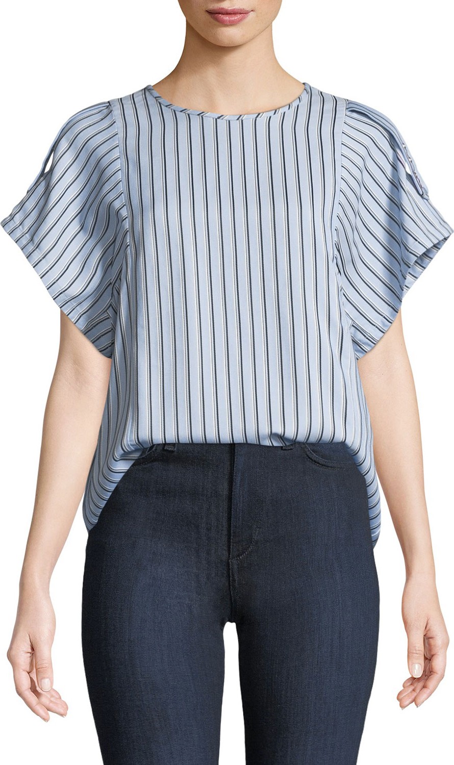 Tibi Striped Button-Back Buckle Top