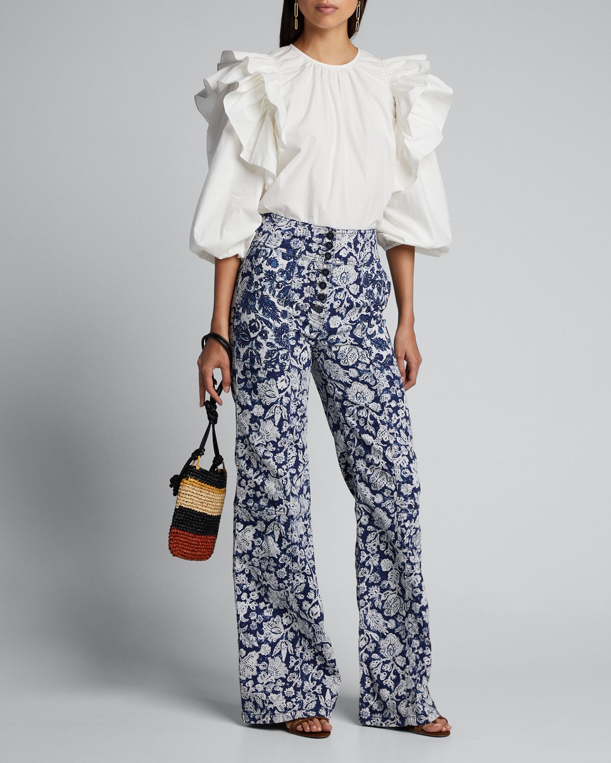 Ulla Johnson Caasi Ruffle Blouson-Sleeve Poplin Blouse