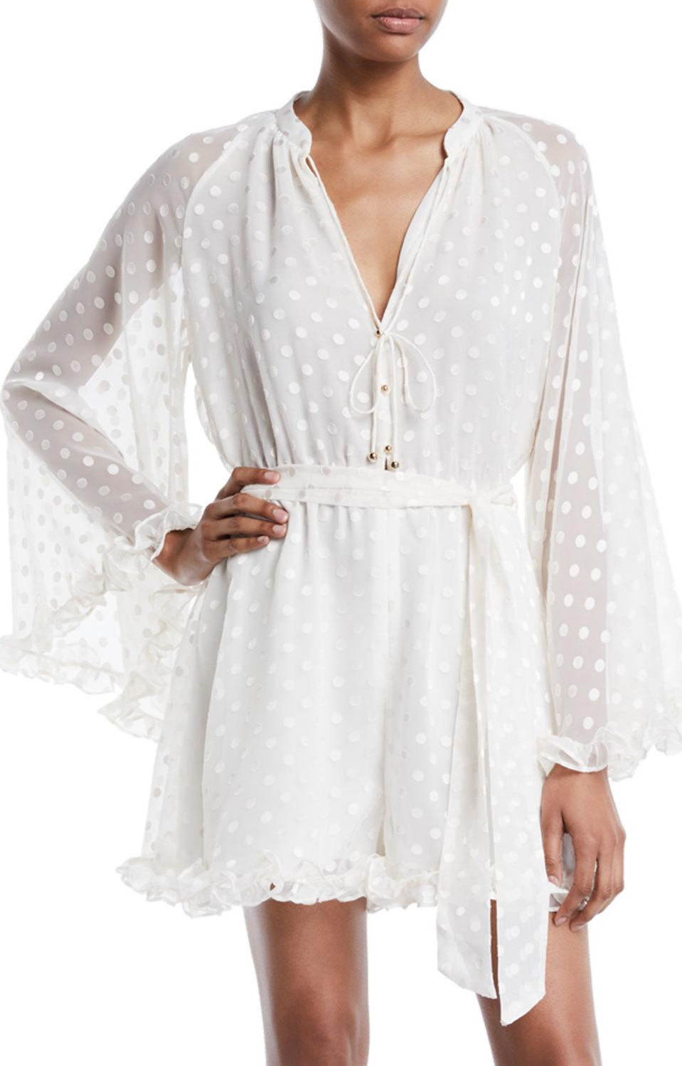 Zimmermann Polka-Dot V-Neck Long-Sleeve Playsuit w/ Ruffled Trim