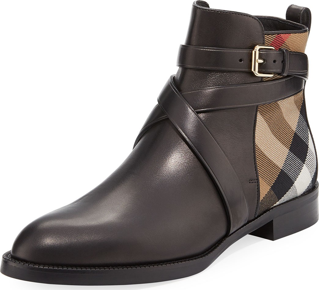 Burberry London England Vaughan Flat Check/Leather Ankle Boot