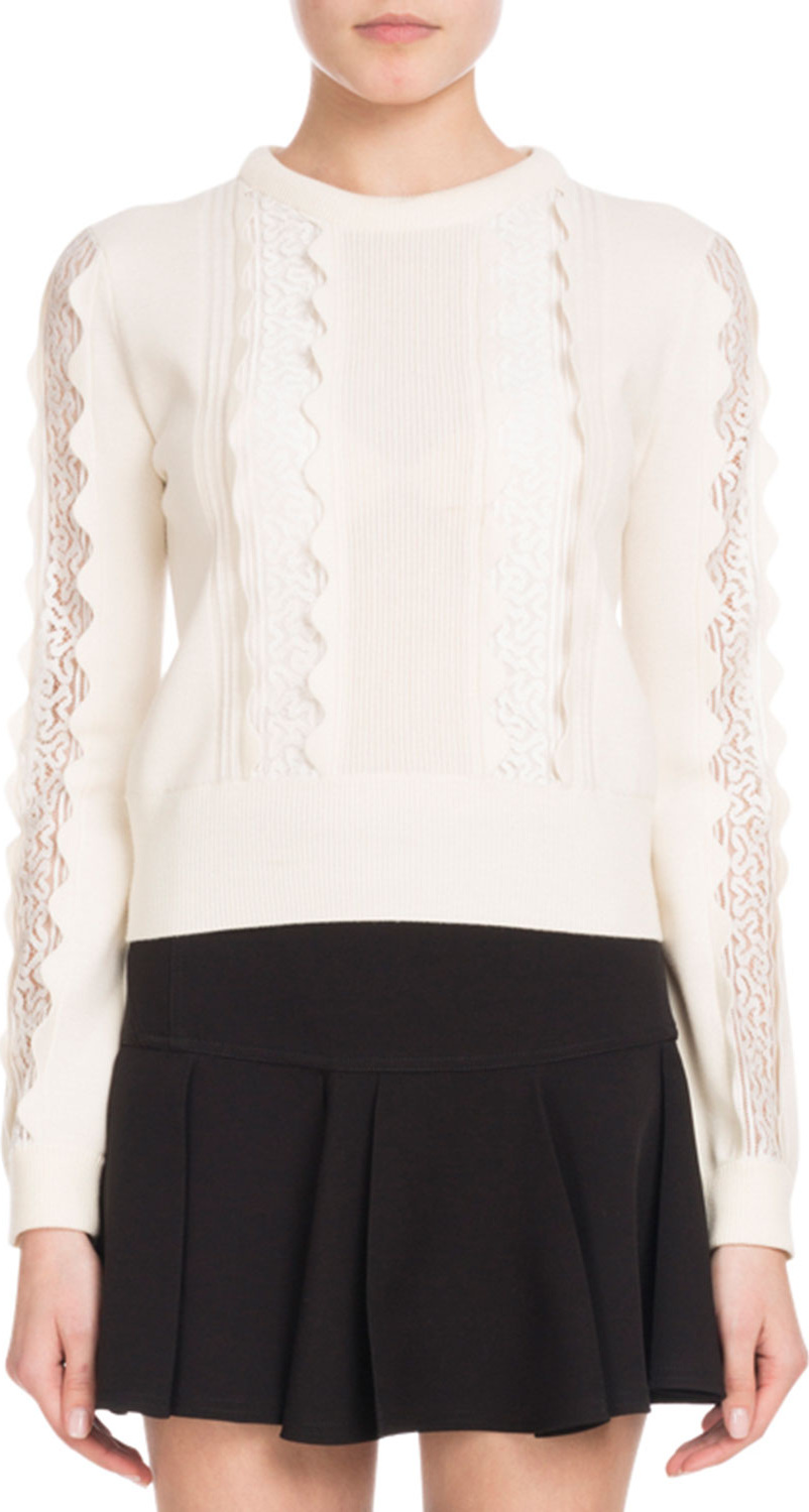 Chloe Crewneck Long-Sleeve Wool Scalloped Knit Sweater with Lace Inserts