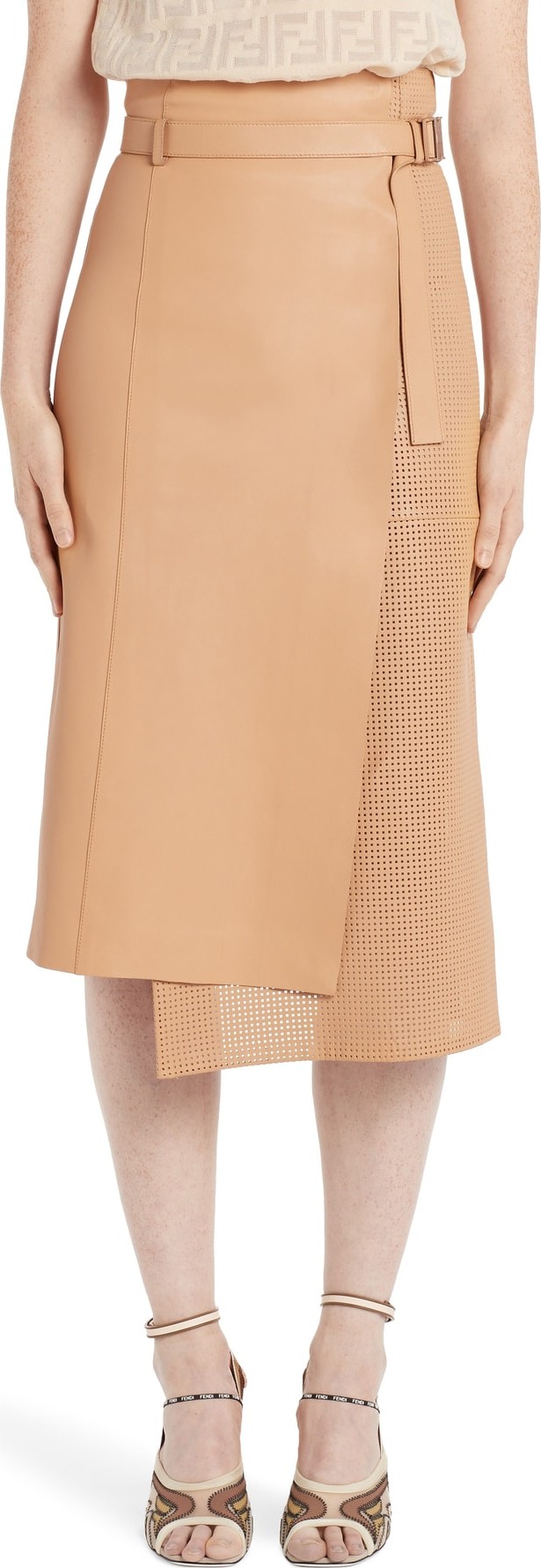 Fendi Asymmetrical Perforated Leather Wrap Skirt