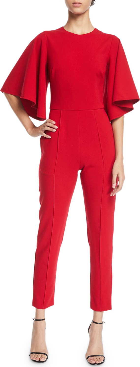Black Halo Milla Flared-Sleeve Fitted Jumpsuit