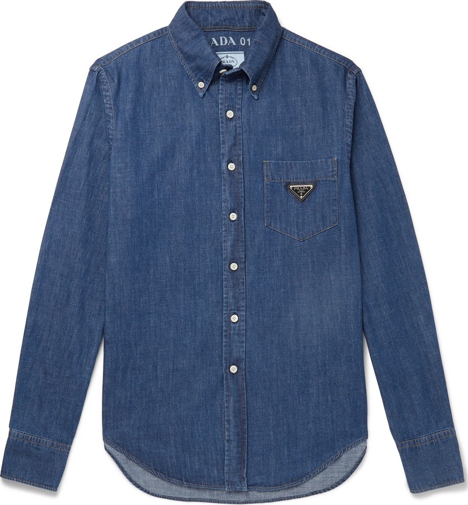 Prada Slim-Fit Button-Down Collar Logo-Appliquéd Denim Shirt