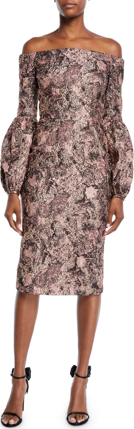 Theia Metallic Blouson-Sleeve Dress