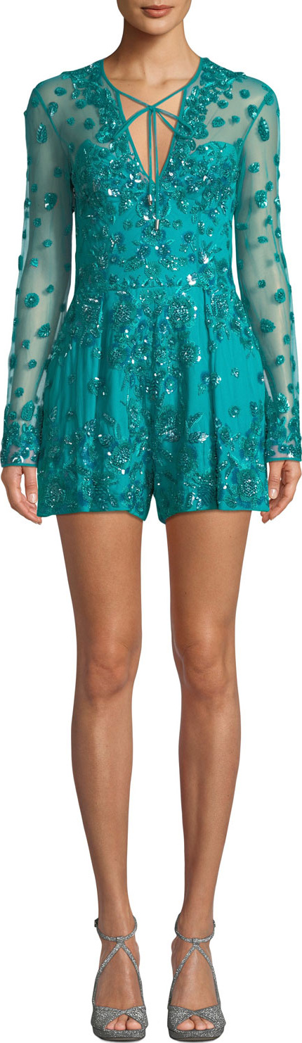 Zuhair Murad Tie-Neck Long-Sleeve Sequin-Embroidered Tulle Romper