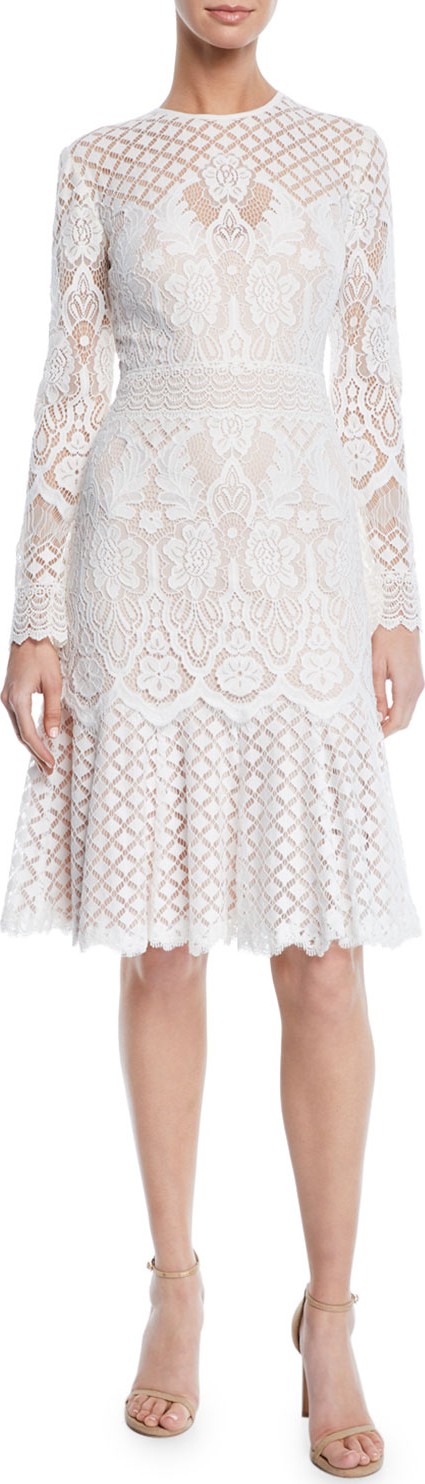 Tadashi Shoji Crewneck Long-Sleeve Tiered Lace A-Line Dress