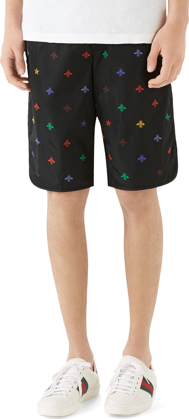 Gucci Men's Signature Bee-Embroidered Long Swim Trunks