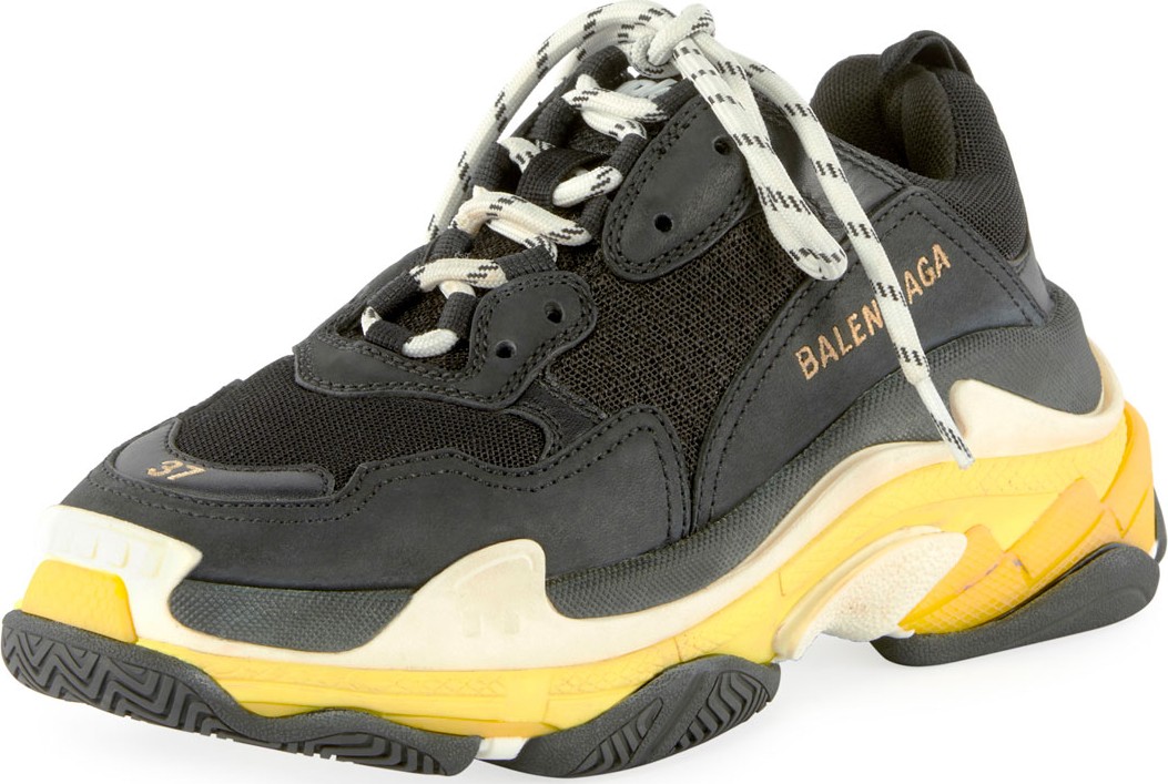 Balenciaga Triple S Nylon Sneakers with Logo, Noir/Jaun