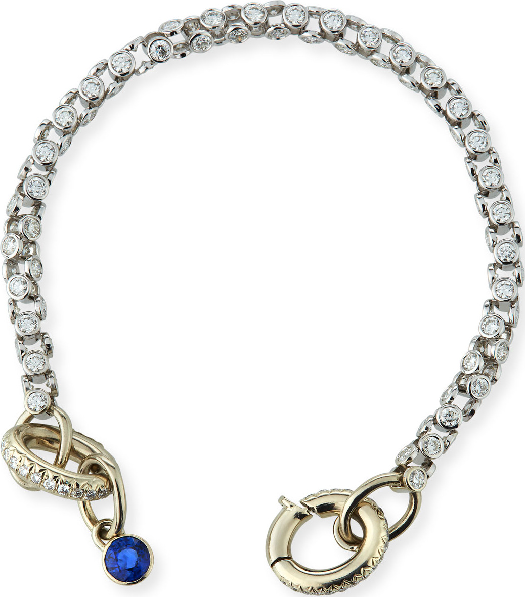 Oscar Heyman 18K White Gold Diamond Watch Bracelet with Blue Sapphire Toggle