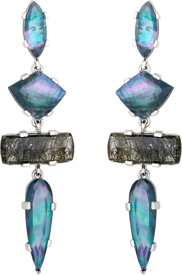 Stephen Dweck Four-Stone Drop Earrings w/ Mixed Quartz/Mother-of-Pearl/Agate