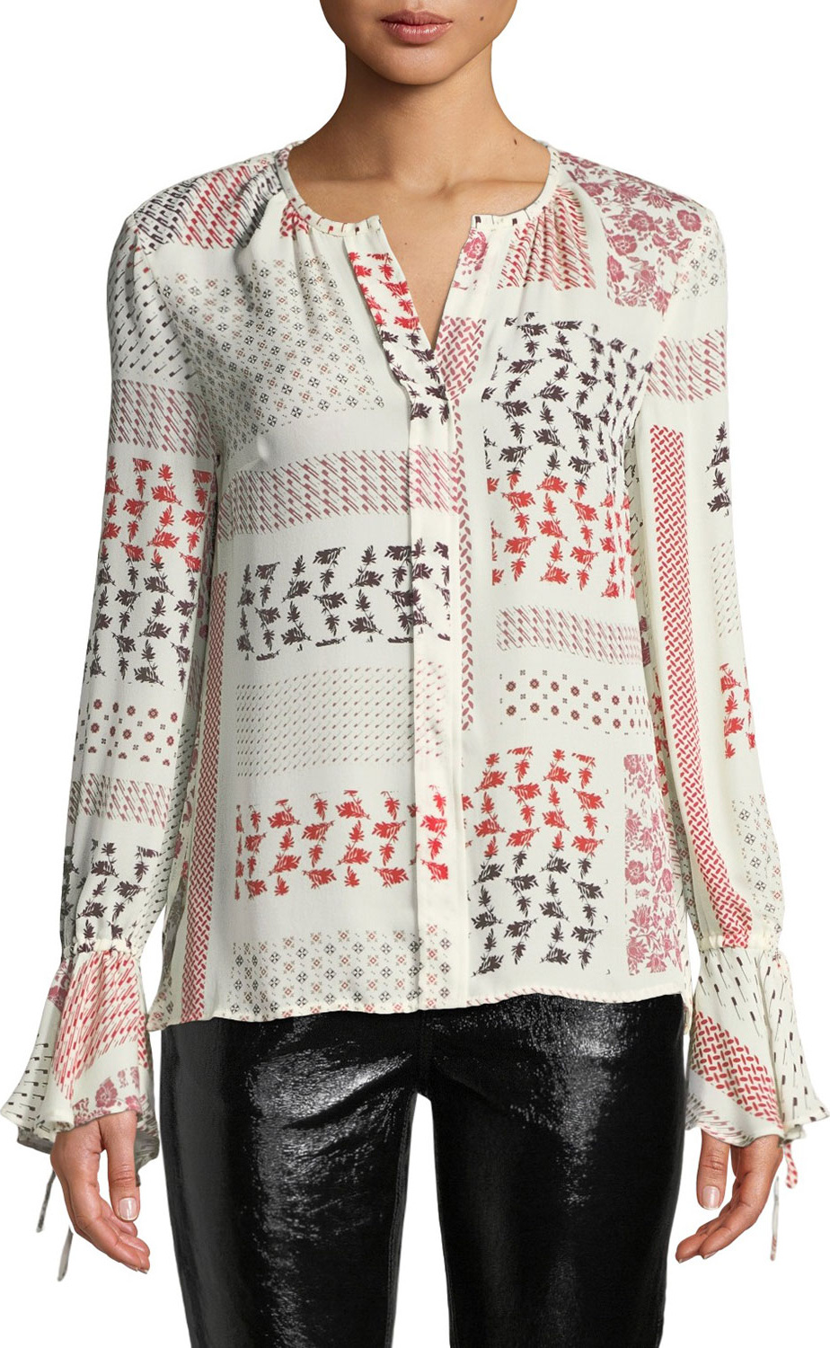 Derek Lam 10 Crosby Collarless Bell-Sleeve Printed Silk Blouse