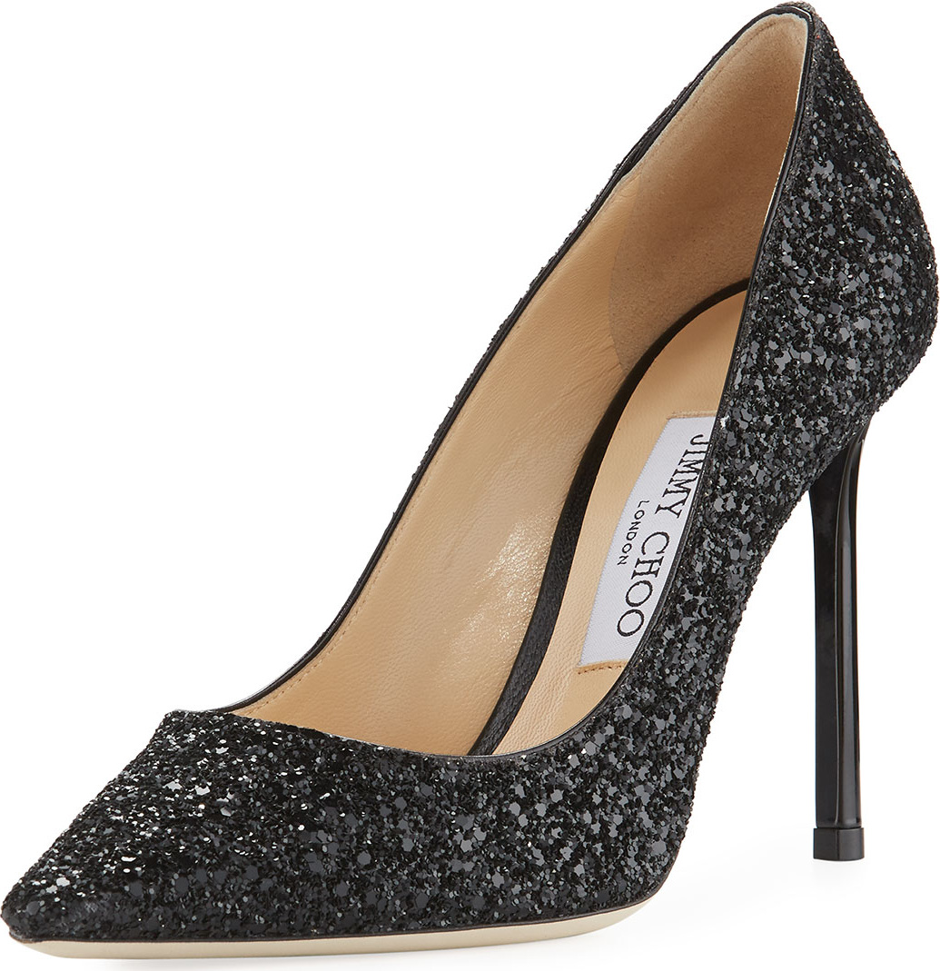 Jimmy Choo Romy 100mm Coarse Glitter Fabric Pointed-Toe Pump, Black