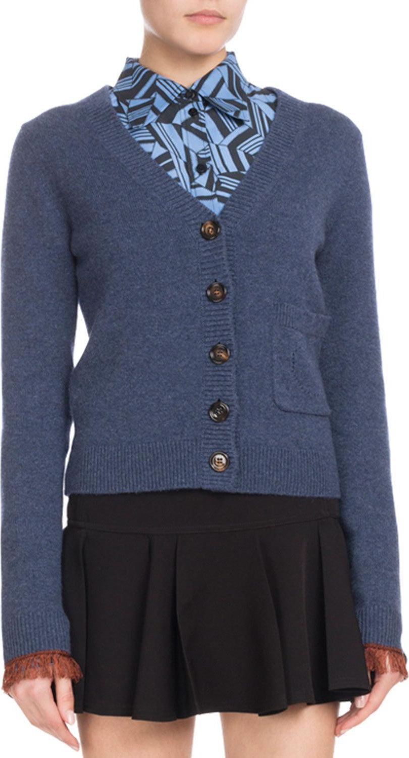 Chloe V-Neck Button-Front Cashmere Cardigan w/ Fringe Hem