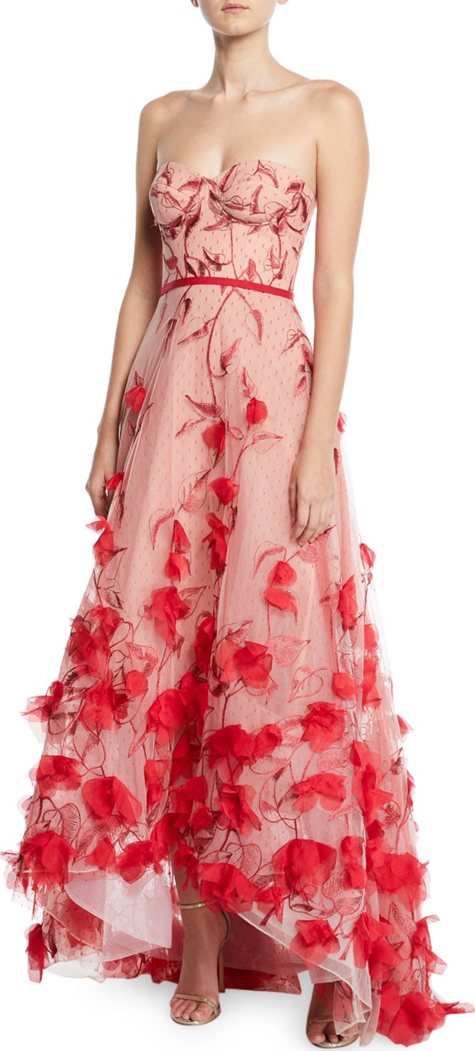 Marchesa Notte Strapless 3D Floral Embroidered High-Low Gown