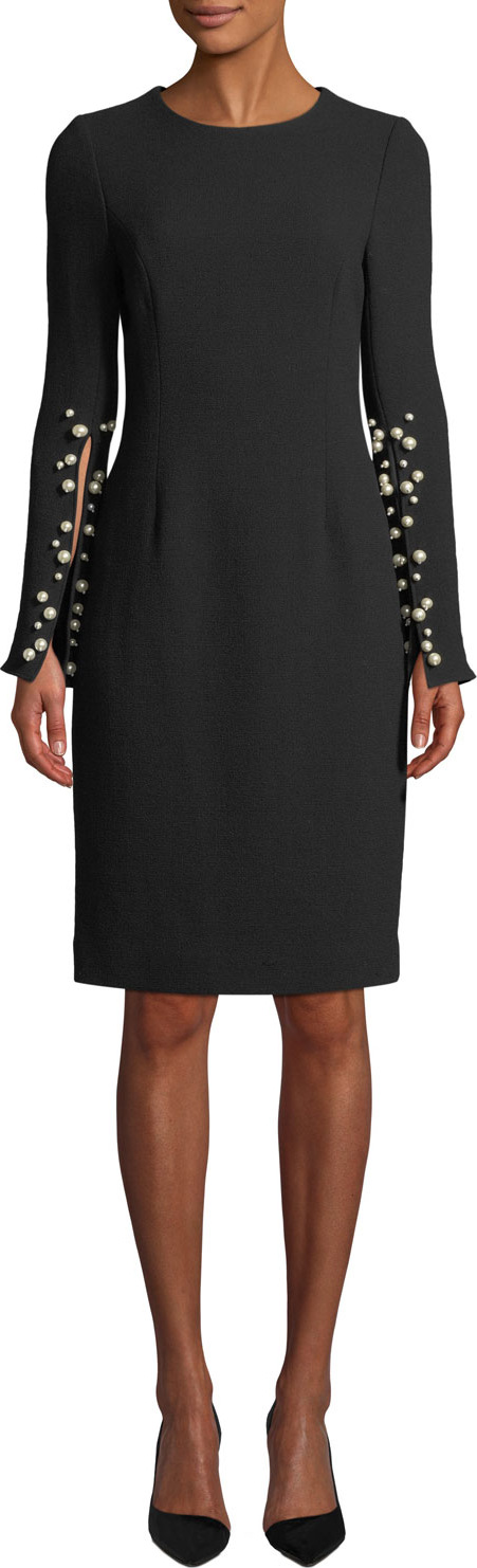 Rickie Freeman for Teri Jon Pearly Beaded Wool Crepe Dress