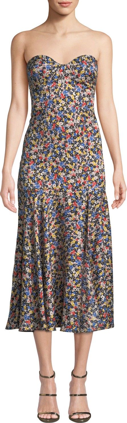 Veronica Beard Annika Strapless Floral Dropped-Waist Midi Dress