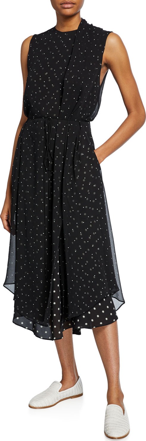 Vince Mixed-Media Dot-Print Sleeveless Midi Dress