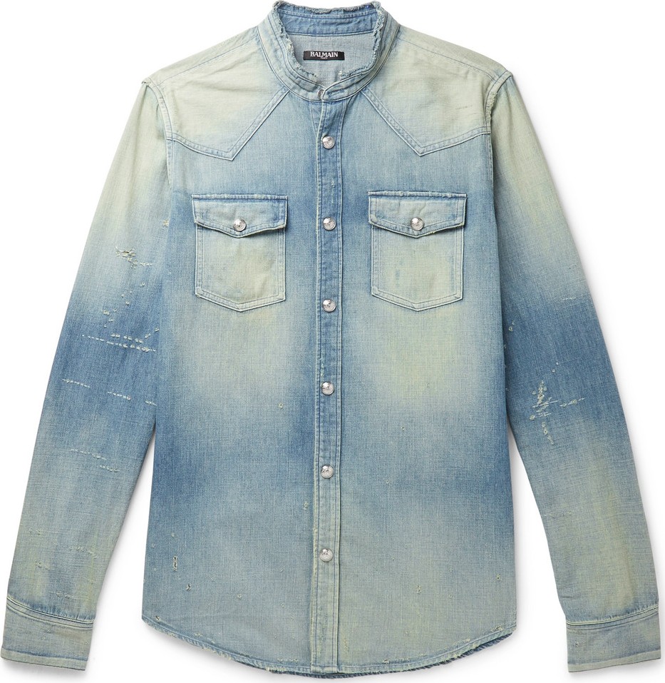 Balmain Grandad-Collar Logo-Embroidered Distressed Denim Shirt