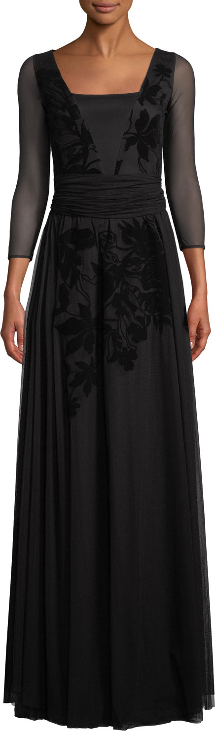 La Petite Robe di Chiara Boni Elise Illusion-Sleeve Gown w/ Velvet Embroidery
