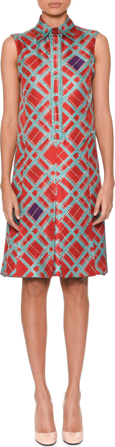 Bottega Veneta Sleeveless Button-Placket Irregular Check-Print Silk Skimmer Dress