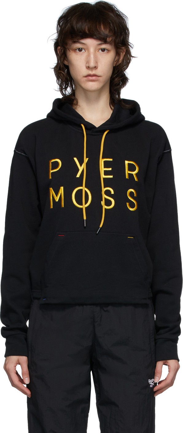 Pyer Moss Black Logo Cropped Hooded Sweatshirt