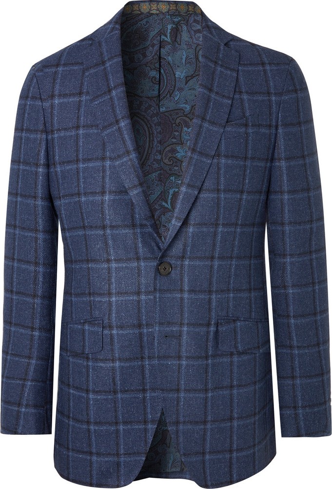 Etro Navy Slim-Fit Checked Wool and Silk-Blend Blazer