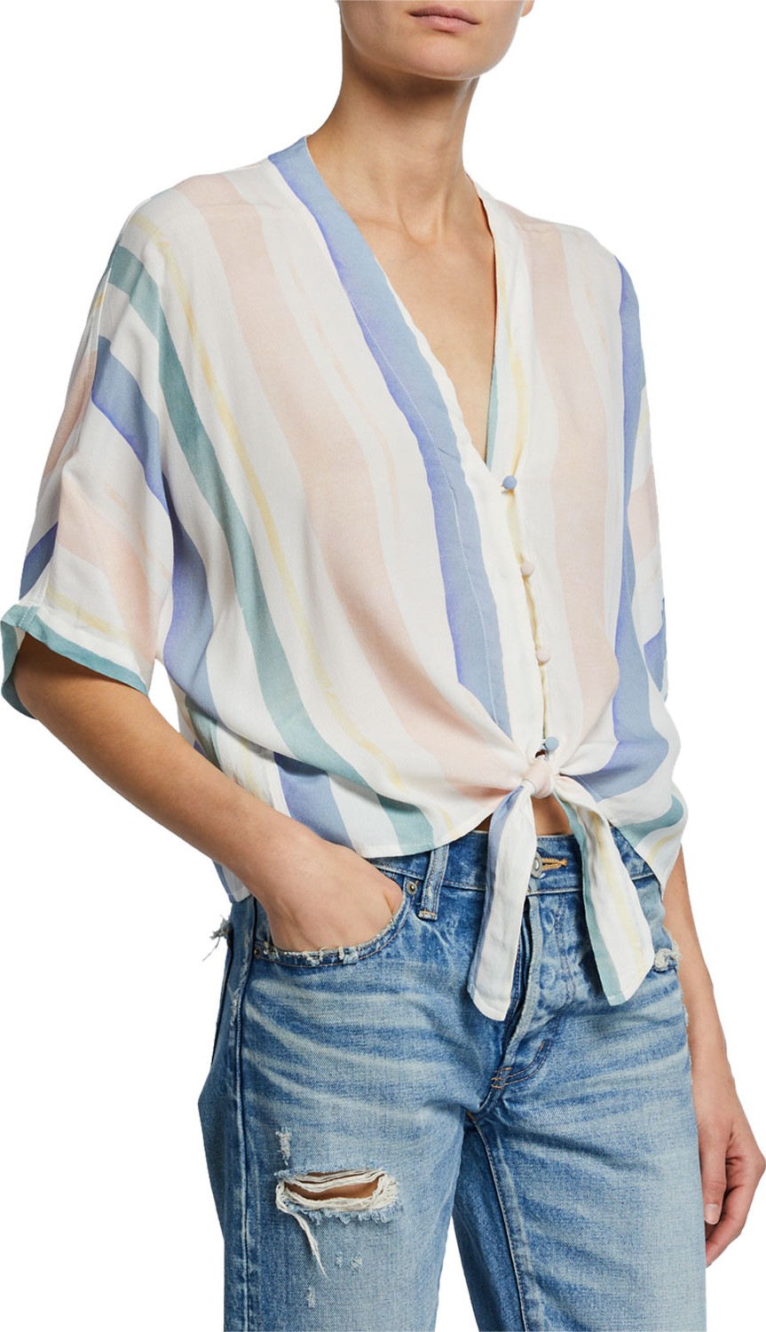 RAILS Thea Striped V-Neck Half-Sleeve Tie-Hem Blouse