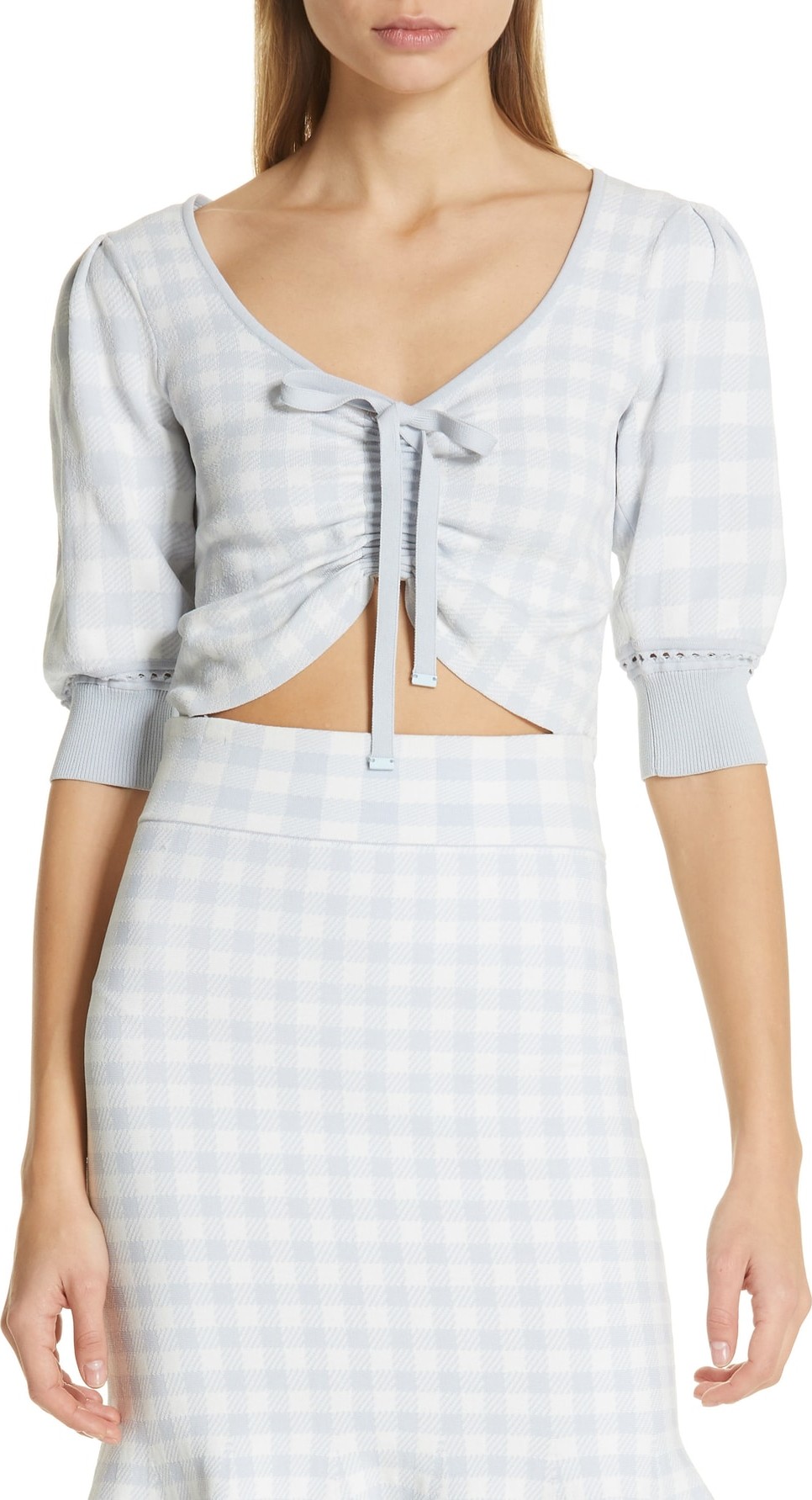 Jonathan Simkhai Center Ruched Gingham Knit Crop Top